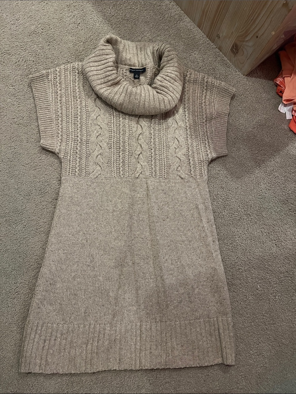 Banana Republic Beige Cable Knit Short-Sleeve Turtleneck Sweater Dress